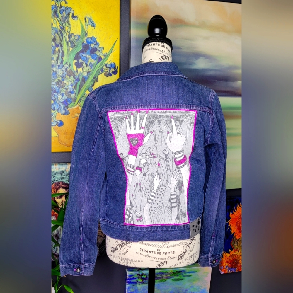 Upcycled Refashioned denim jacket Rock and Roll